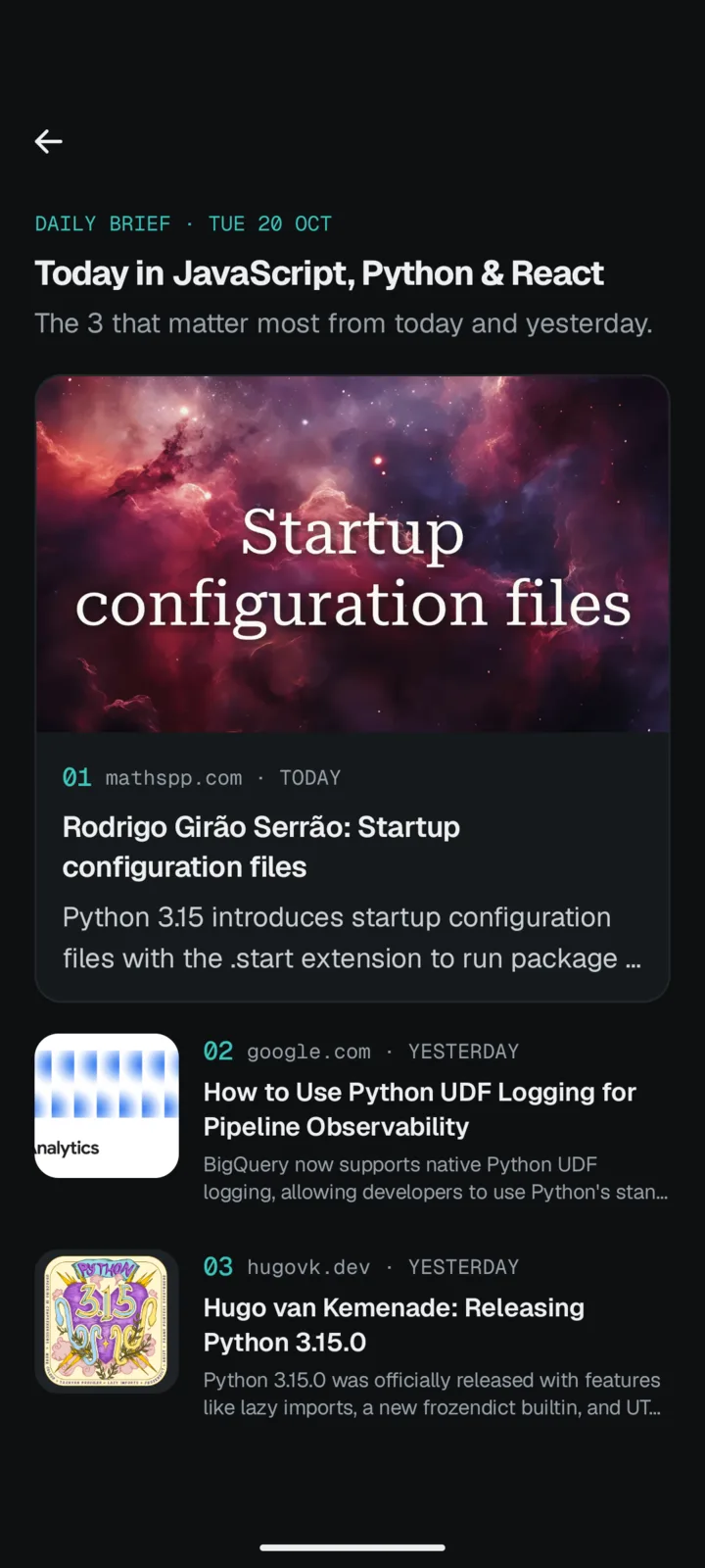 The Code News Daily brief: the three articles that matter most today on JavaScript, Python and React.