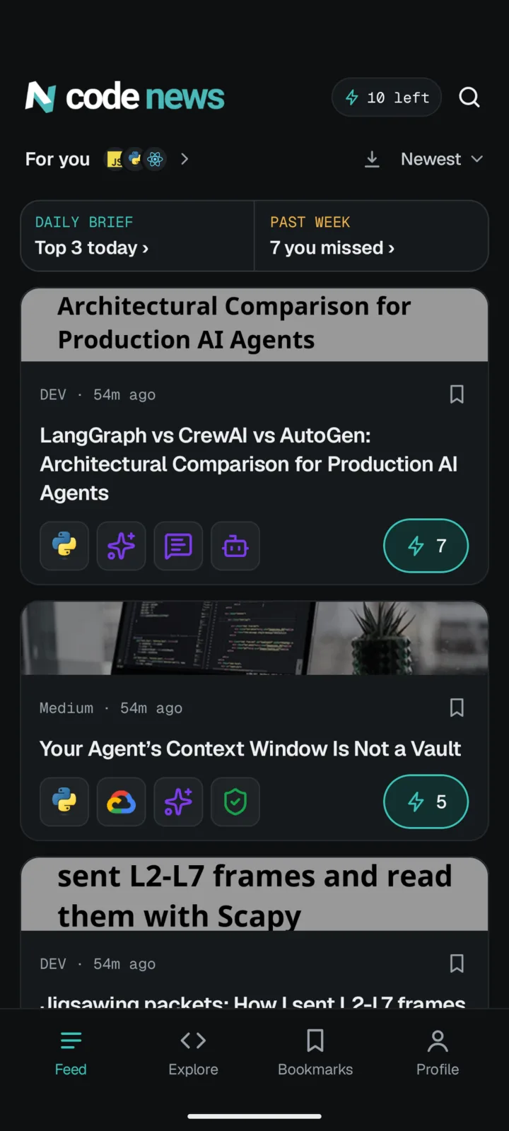 The Code News feed: the Daily brief and Past week strip on top, then the newest posts on your stack.
