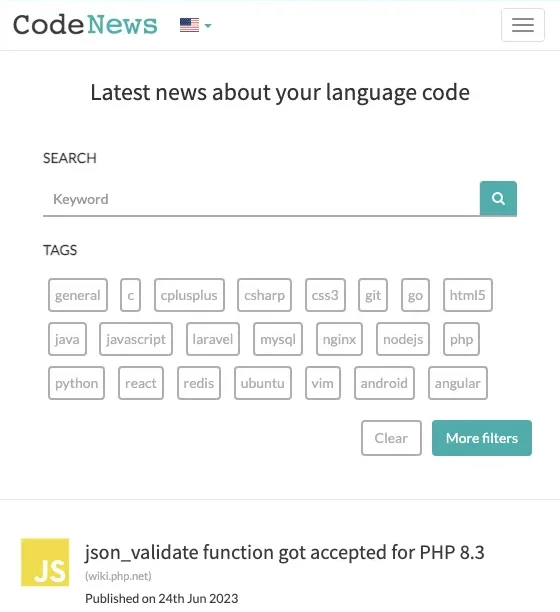 CodeNews at phone width: the tag filters wrapped into rows above the newest article.