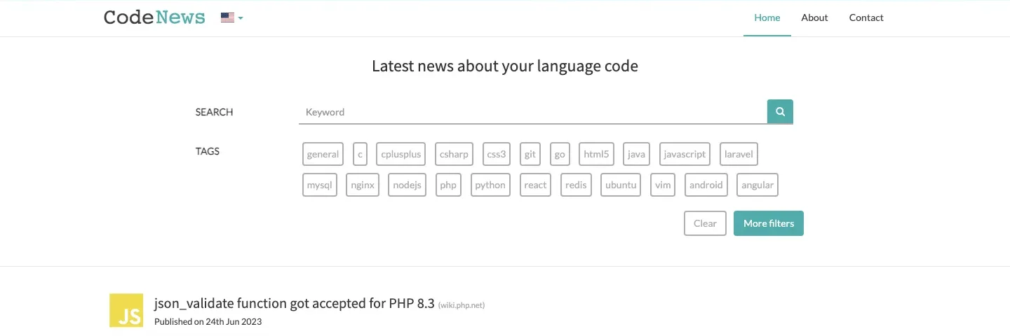 The CodeNews reader: a search box, a row of language tags, and the newest article.